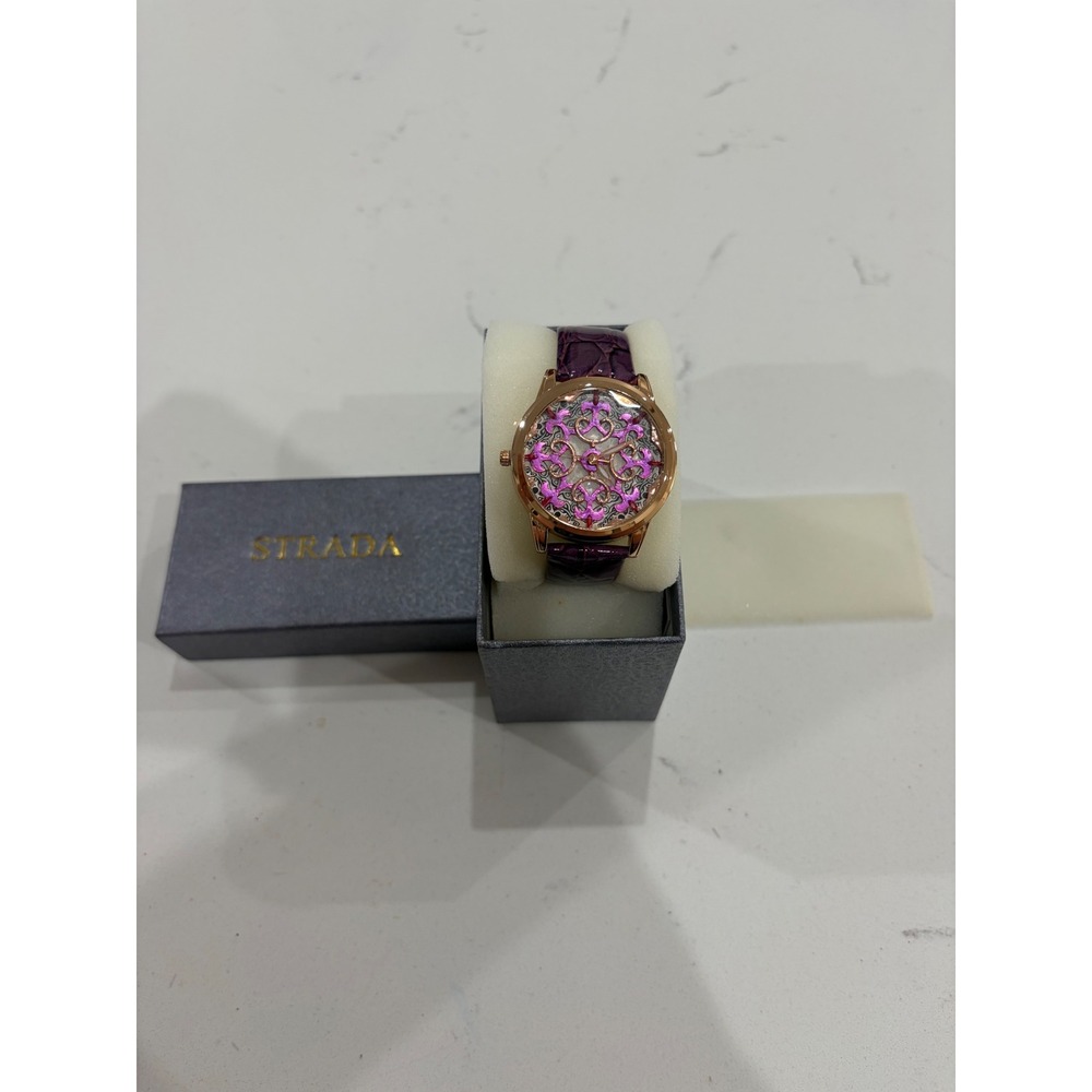 Strada Womens Rose Gold Tone Watch Purple Croc Embossed Band Filigree Dial Box